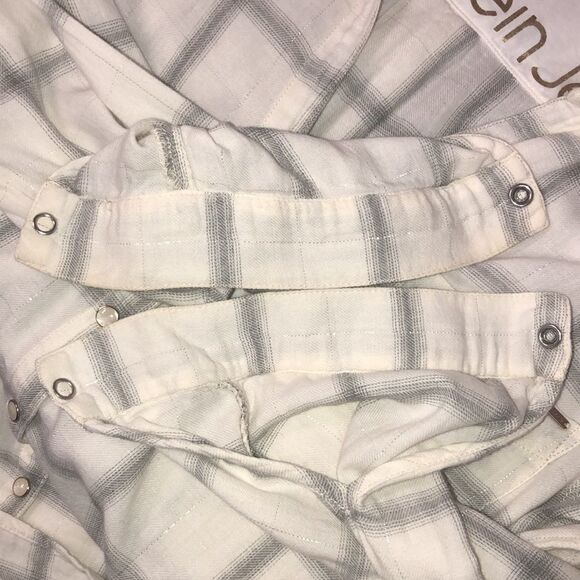 CK Jeans L Cotton White Gray Lurex Plaid Long Sleeve Snap Front Relaxed Shirt - Picture 14 of 15